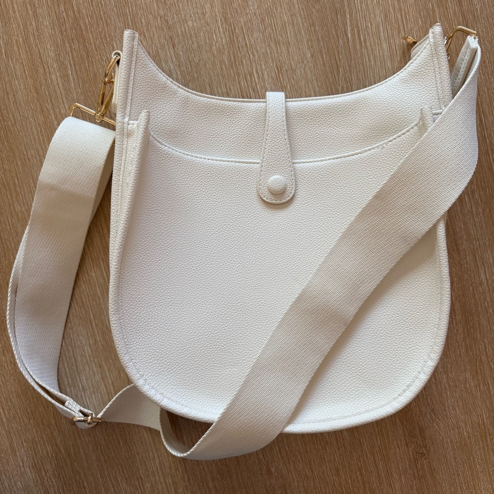Minimal White Crossbody Saddle Bag with Wide Canvas Strap